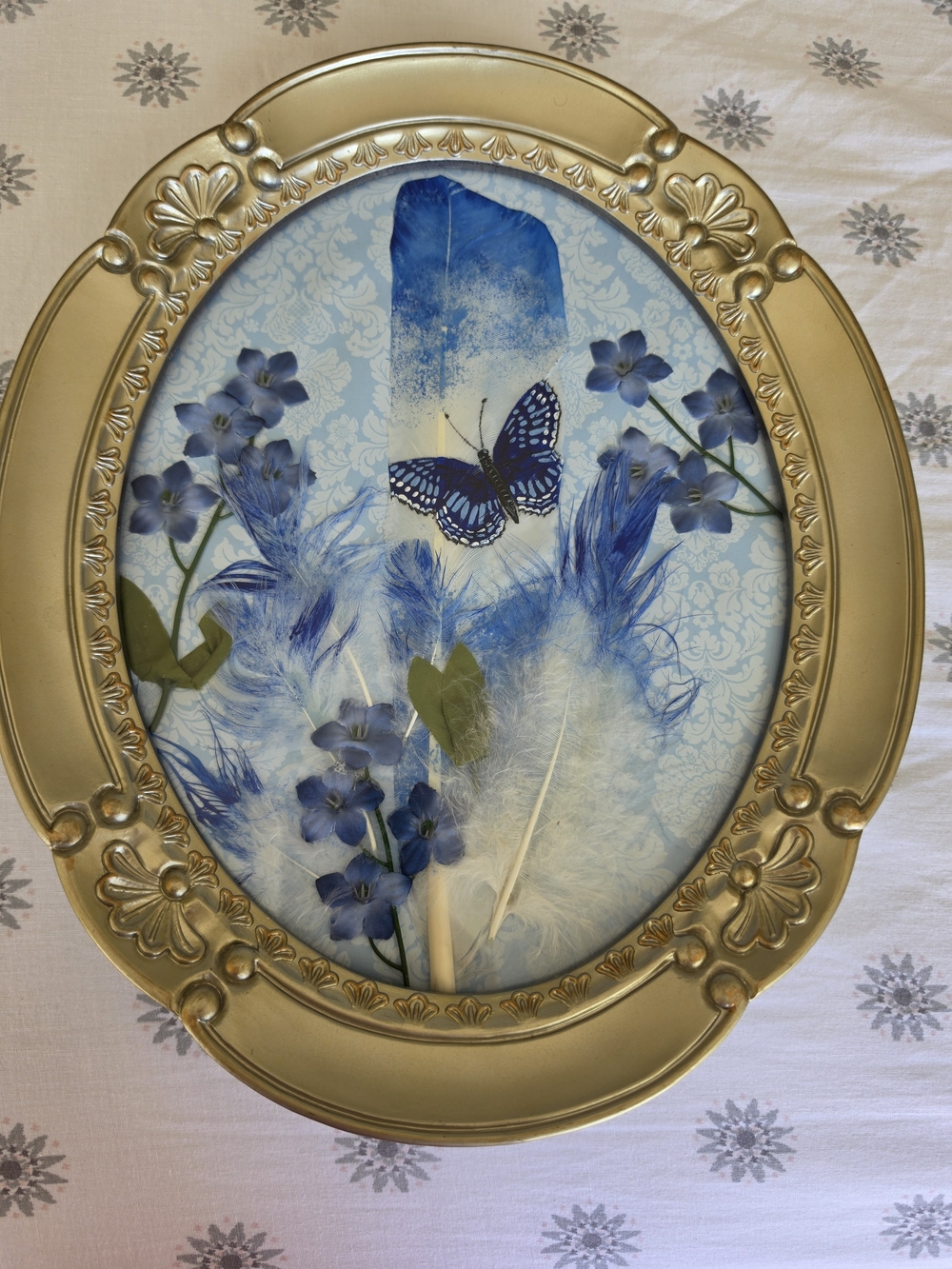 Vintage Oval Frame Blue Butterfly Wall Art